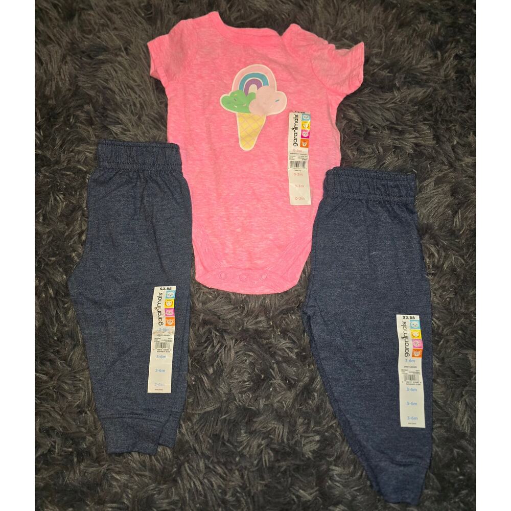 #163 Brand New With Tags 3 Piece Garanimals Jersey Joggers-2 and Pink Onesie